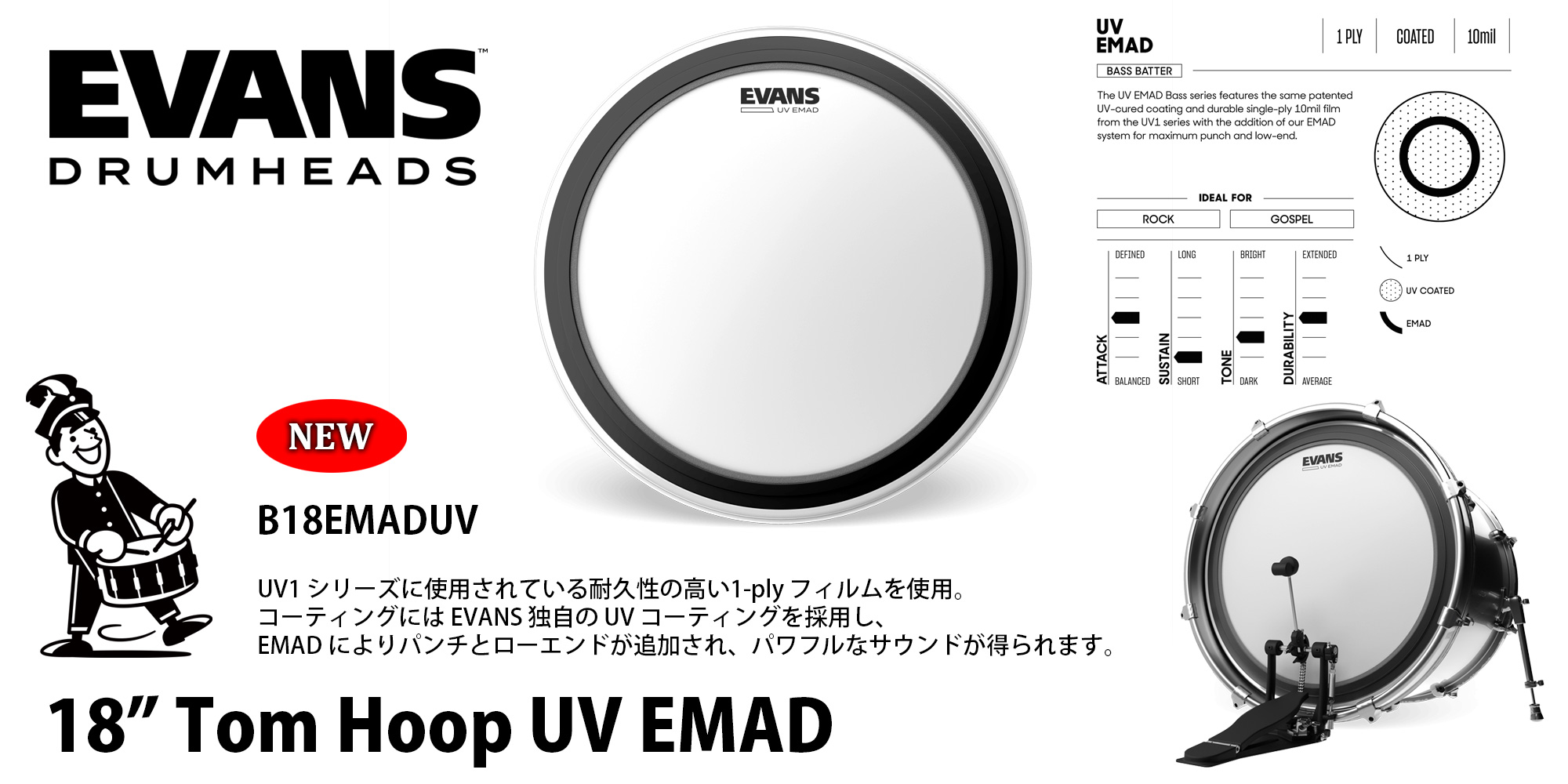 【 Evans 新製品 】18” Tom Hoop UV EMAD 販売開始